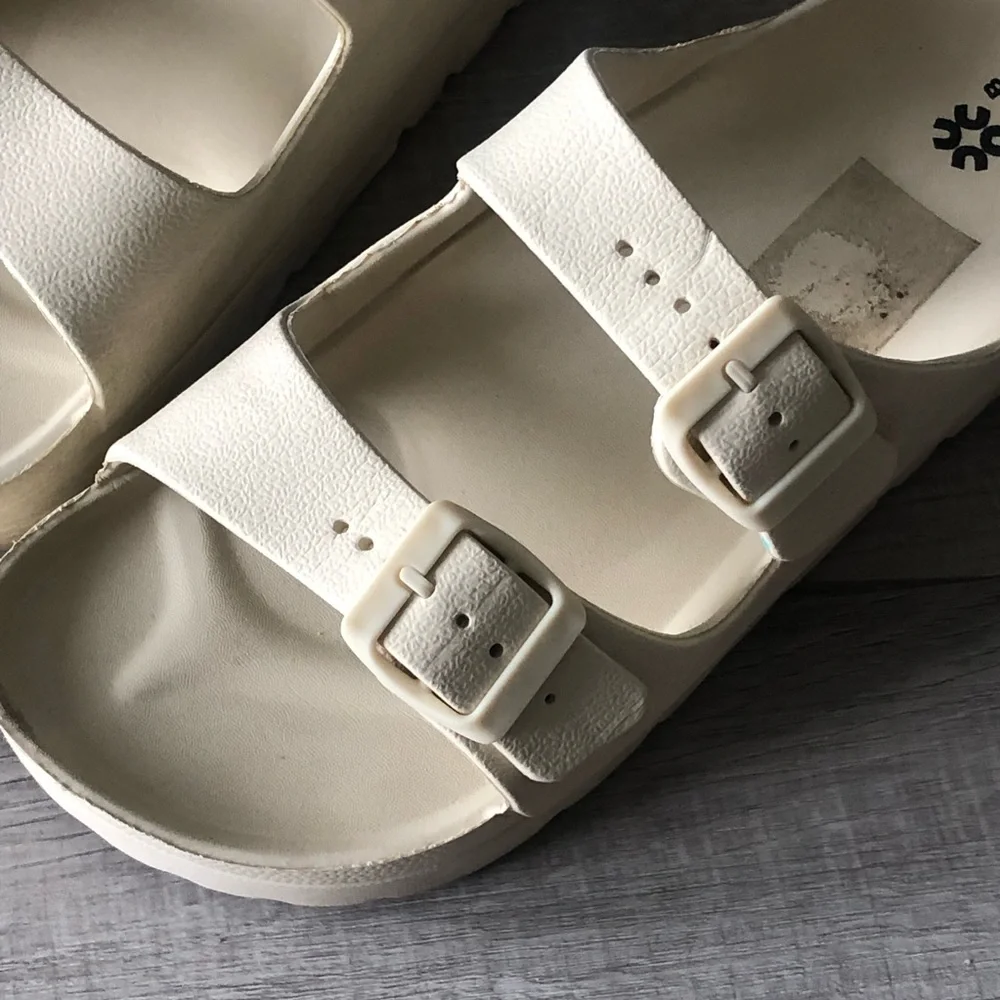 Women’s Cream Double-Buckle Slide Sandals
